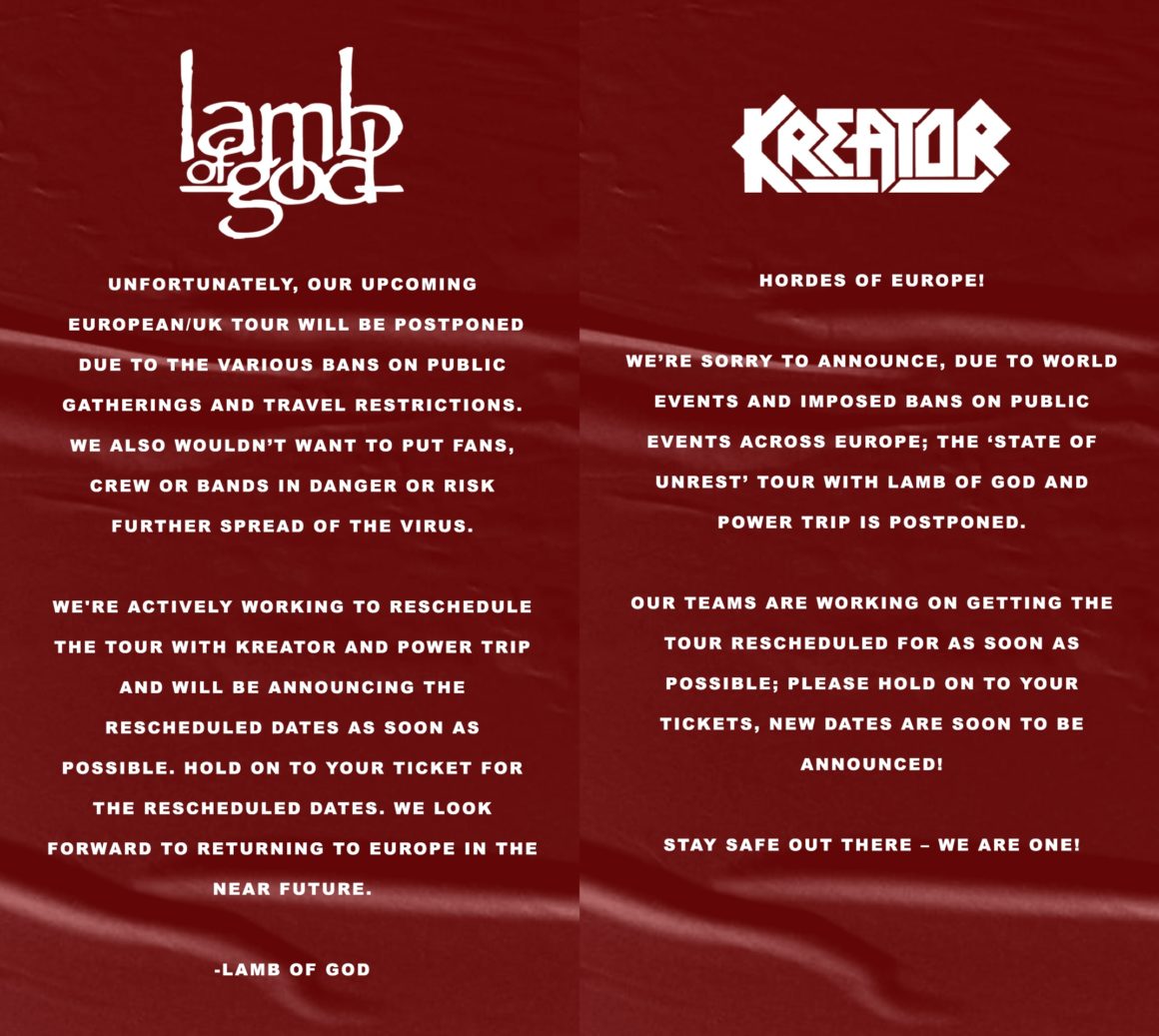 Aplazada la gira de Lamb of God y Kreator Aplazada la gira de Lamb of God y Kreator
