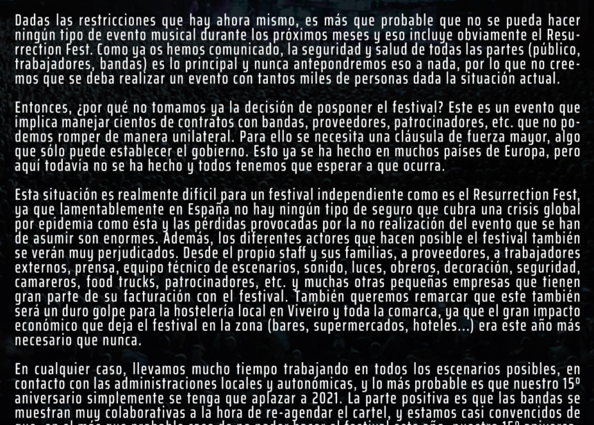 Comunicado oficial del Resurrection Fest Estrella Galicia sobre la situación actual