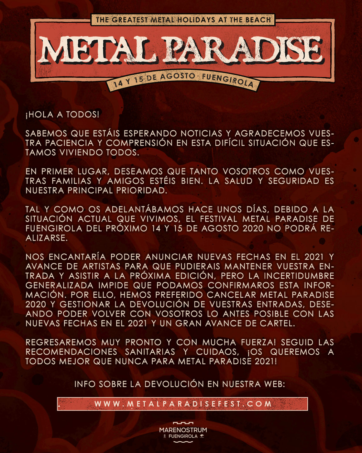 Comunicado oficial del Metal Paradise: se cancela la edición de 2020